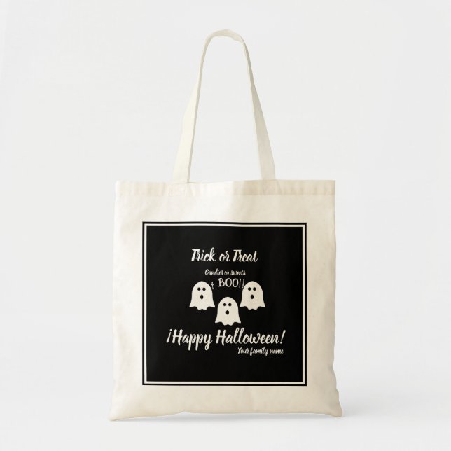 Bolsa Tote truque ou trato, nome, halloween personalizado, bo (Frente)