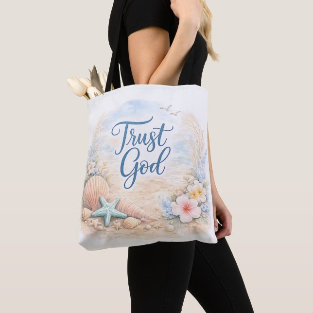 Bolsa Tote "Trust God" Coastal Beach Watercolor Christian (Close Up)