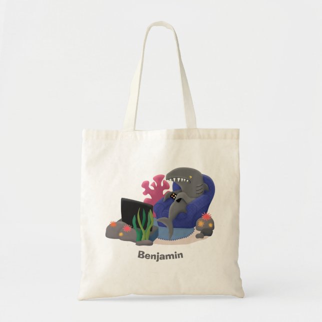 Bolsa Tote Tubarão engraçado assistindo desenhos animados na  (Frente)