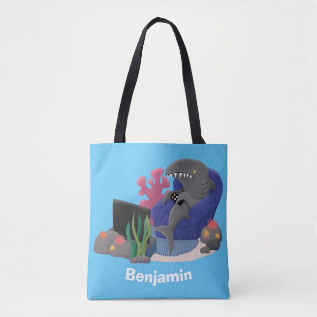 Bolsa Tote Tubarão engraçado assistindo desenhos animados na  (Frente)