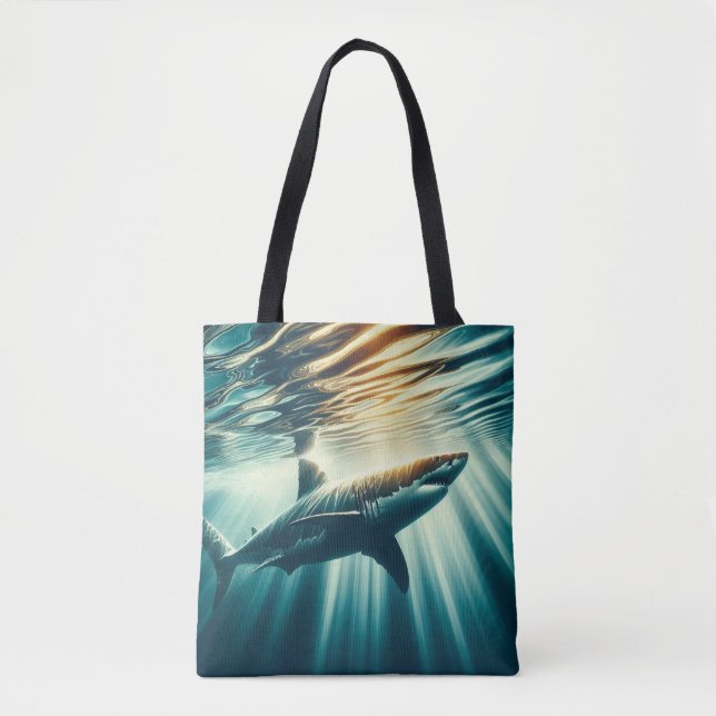 Bolsa Tote Tubarão no mar azul profundo e luz solar (Frente)