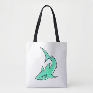 Bolsa Tote tubarão sorridente desenho animado azul verde ocea