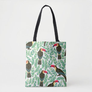 Bolsa Tote Tucanos, folhas tropicais, padrão decorativo.