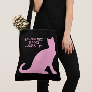 Bolsa Tote Tudo que você precisa é amor e um gato rosa e pret