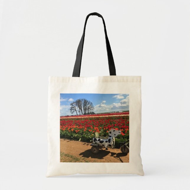 Bolsa Tote Tulip Field com Toy Cow, Oregon (Frente)