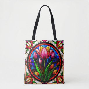 Bolsa Tote Tulipa Vermelha e Motivos Florais Coloridos