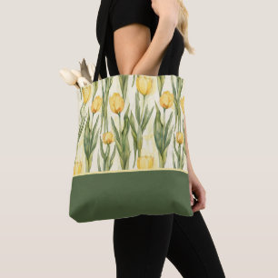 Bolsa Tote Tulipas Amarelas no Estilo Aquarela, Bloco de Cor