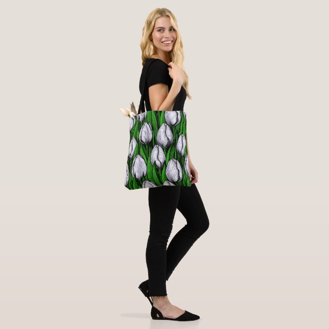 Bolsa Tote Tulipas brancas com folhas verdes (No(a) Modelo)