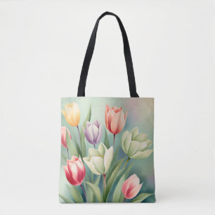 Bolsa Tote Tulipas Coloridas Aquarela Romântica
