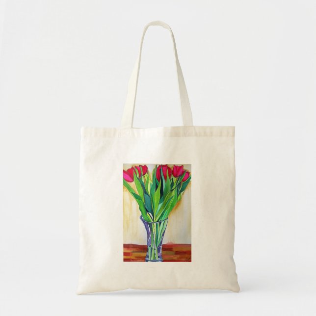 Bolsa Tote tulipas cor-de-água rosa e vermelha (Frente)