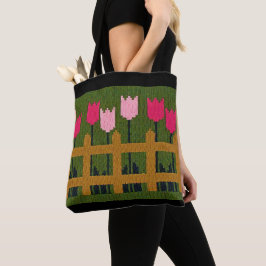 Bolsa Tote Tulipas cor-de-rosa Cerca Verde-Crochet Impressão