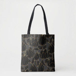 Bolsa Tote Tulipas Douradas Pretas: Padrão Floral de Luxo