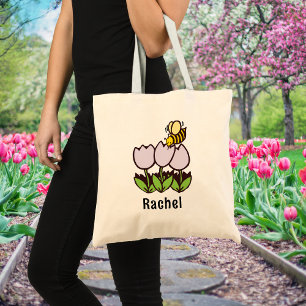 Bolsa Tote Tulipas e Abelha com Nome Personalizado de Jardina