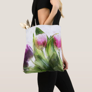 Bolsa Tote Tulipas E Folhas De Aquarelas