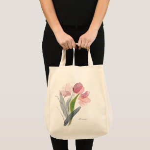 Bolsa Tote Tulipas Florais Rosa Fofo Folhas Verdes