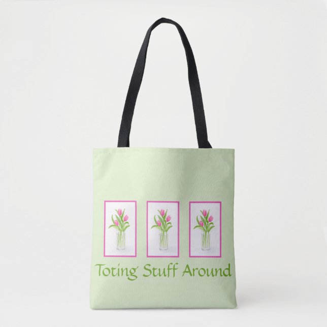 Bolsa Tote Tulipas na água Pintado à mão Aquarela Cabo longo (Frente)