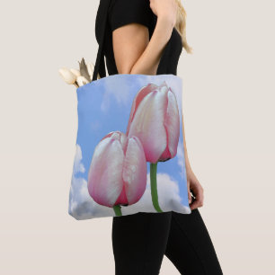 Bolsa Tote Tulipas Rosa Céu Azul E Nuvens Brancas Floral