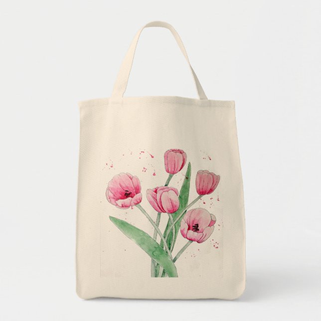 Bolsa Tote Tulipas Rosa em Aquarelas (Frente)