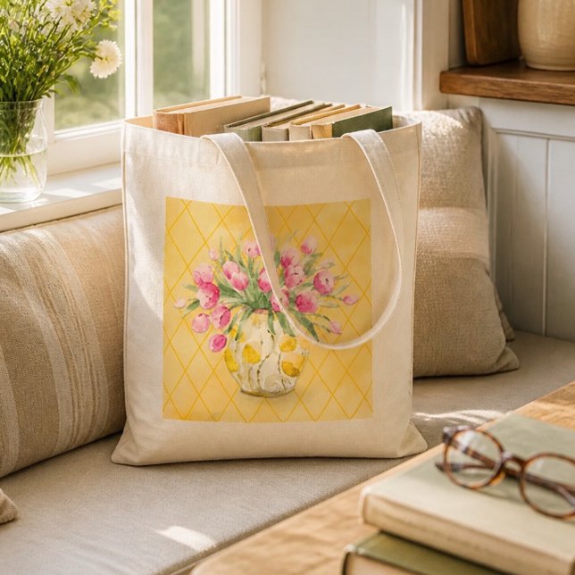 Bolsa Tote Tulipas Rosa em Vaso Amarelo e Branco (Criador carregado)