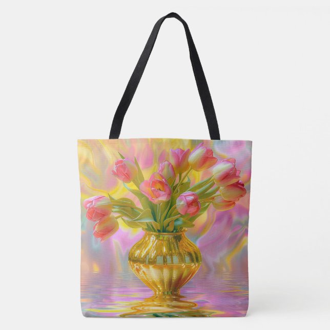 Bolsa Tote Tulipas Rosa Vibrantes em Vase Ouro (Frente)