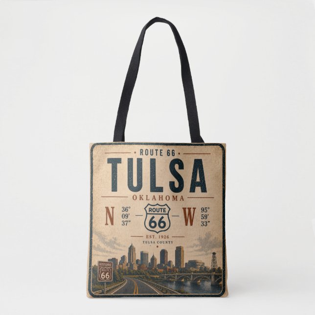 Bolsa Tote Tulsa Rota 66 Coordenadas da Cidade Viagem (Frente)