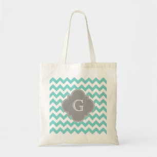 Bolsa Tote Turq / Aqua White Chevron Cinza Quatrefoil Monogra