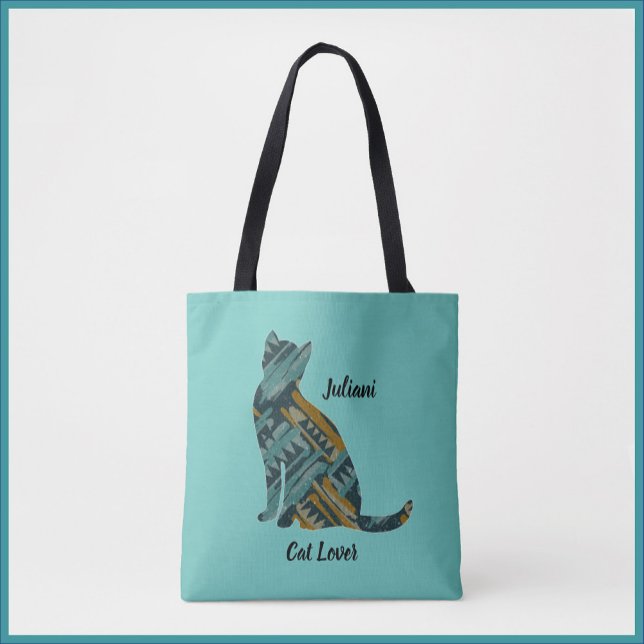 Bolsa Tote Turquesa abstrato e gato Dourado (Criador carregado)