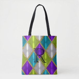 Bolsa Tote Turquesa de Limão roxo, Dourado Harlequin com Mono
