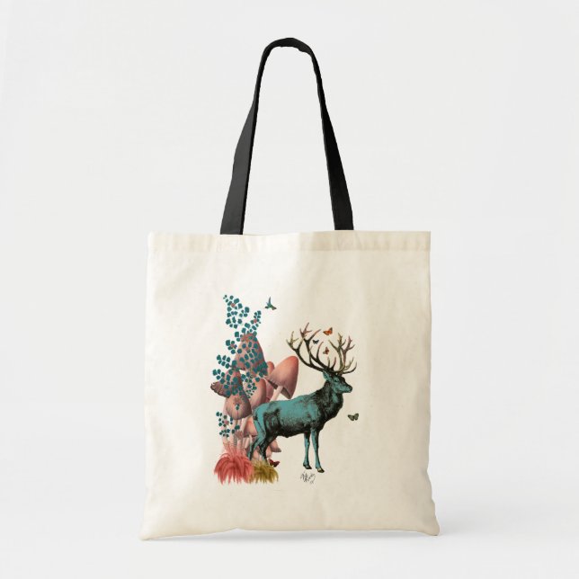Bolsa Tote Turquesa Deer na Floresta Mushroom (Frente)