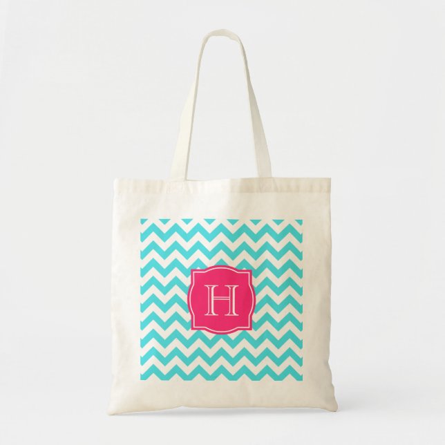 Bolsa Tote Turquesa do ziguezague e monograma feito sob (Frente)