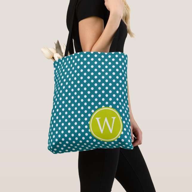 Bolsa Tote Turquesa e Branco de Bolinhas com Monograma em Ver (Close Up)