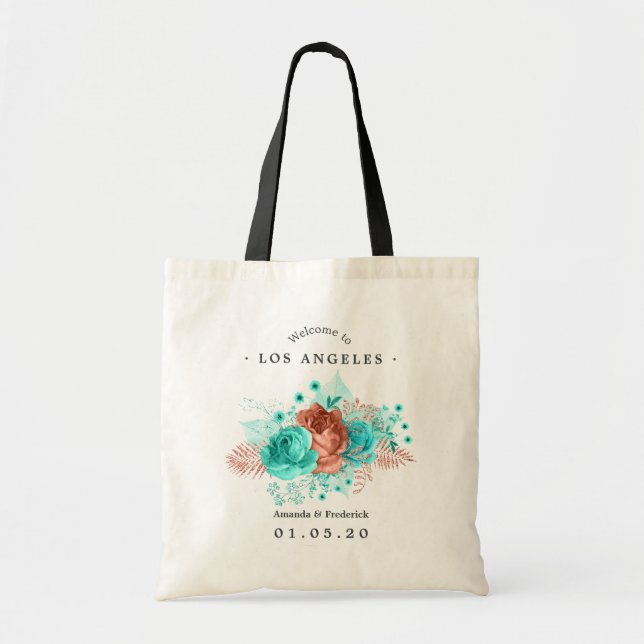 Bolsa Tote Turquesa e Coral Tropical Boas-Vindas de Casamento (Frente)