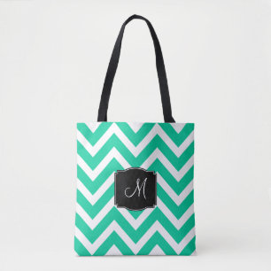 Bolsa Tote Turquesa e Stripes Chevron Brancas com Monograma