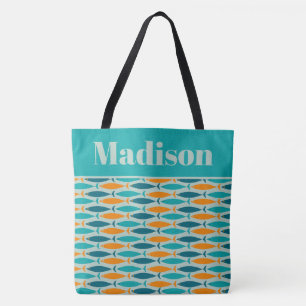 Bolsa Tote Turquesa Laranja de Padrão de Peixe Retroativo Per