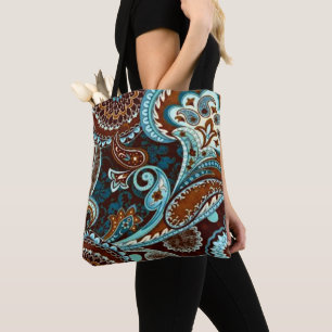 Bolsa Tote Turquesa Marrom Vintage Paisley