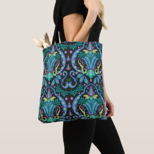 Bolsa Tote Turquesa Negra Azul Teal Azul Moderno Damasco Flor