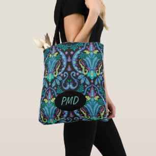 Bolsa Tote Turquesa Negra Teal Moderna Damasco Floral Monogra