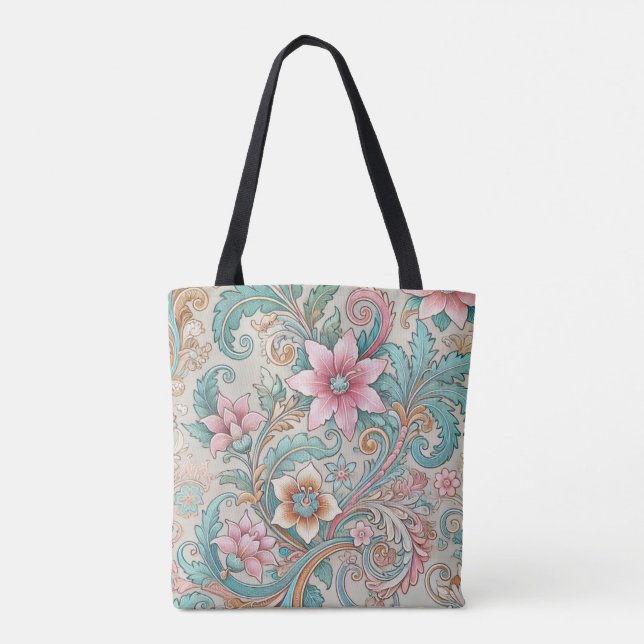 Bolsa Tote Turquesa rosa Padrão Floral indonésio Batik (Verso)