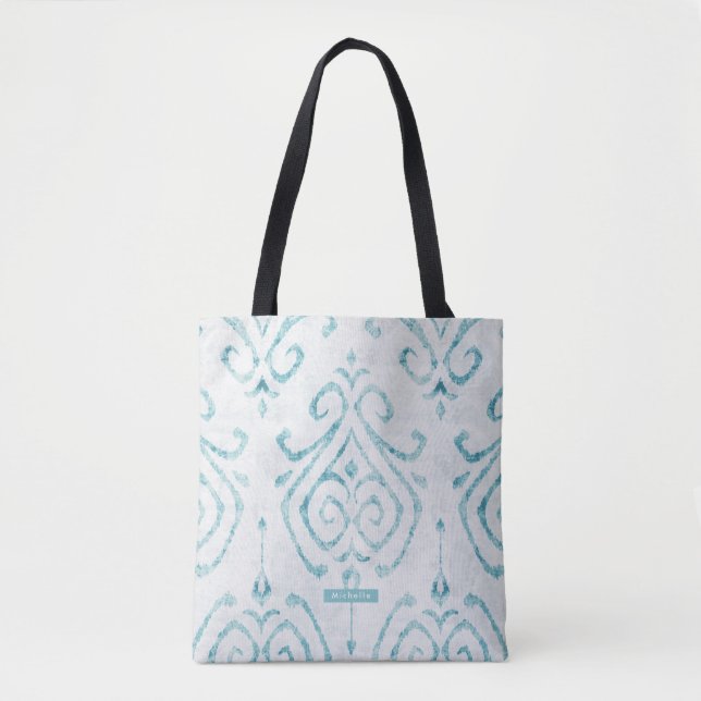 Bolsa Tote Turquoise Personalizada Ikat Pattern Bridesmaid (Frente)