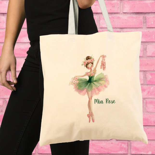 Bolsa Tote Tutu de Ballet Rosa e Verde Menina com Sapatilhas (Personalized Ballerina Tote Bag – Pink & Green Tutu Ballet Girl with Slippers & Flowers)