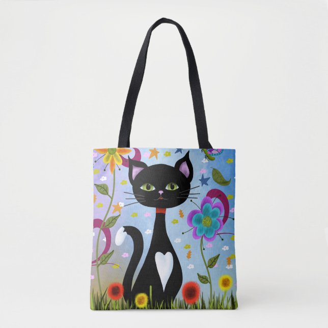 Bolsa Tote Tuxedo Cat Em Arte De Abstrato De Jardim (Frente)