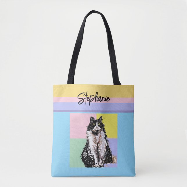Bolsa Tote Tuxedo Cat Pastel Cores Rosa Meninas Rosa Nome (Frente)