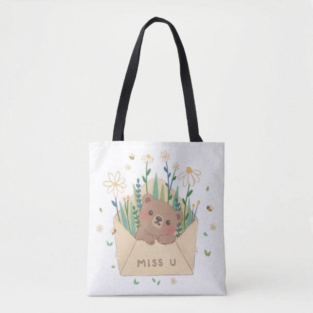 Bolsa Tote U: Urso de Teddy e Flores no Envelope (Frente)