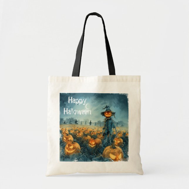 Bolsa Tote Uivo da Colheita – Espantalho sob a Lua Crescente (Frente)