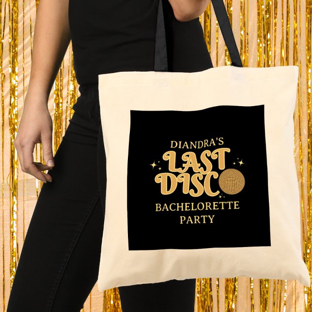 Bolsa Tote Última Bachelorette de Retro de Disco Preto e Dour (last disco 70s retro golden bachelorette party tote bag)