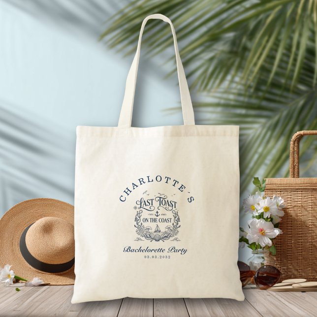 Bolsa Tote Último brinde na costa! Festa de Despedida de Solt (Last Toast on the Coast!Bachelorette Party White Blue Tote Bag)
