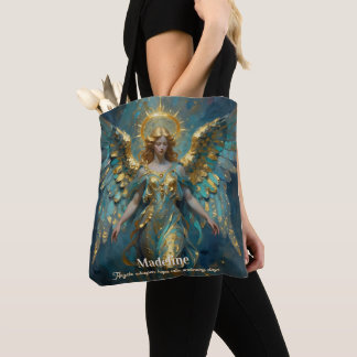 Bolsa Tote Um Anjo Personalizado de Ouro e Turquesa Adorável