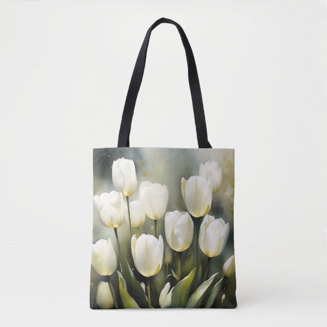 Bolsa Tote Um bando de Tulipas Brancas em um Jardim Serene (Frente)