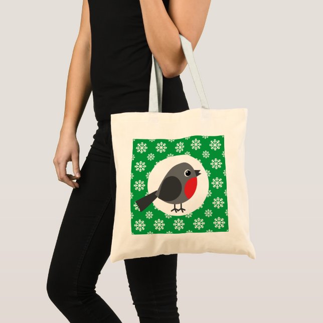 Bolsa Tote Um belo desenho animado Robin com flocos de neve (Frente (produto))