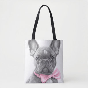Bolsa Tote Um cachorrinho francês super bonito com arco rosa